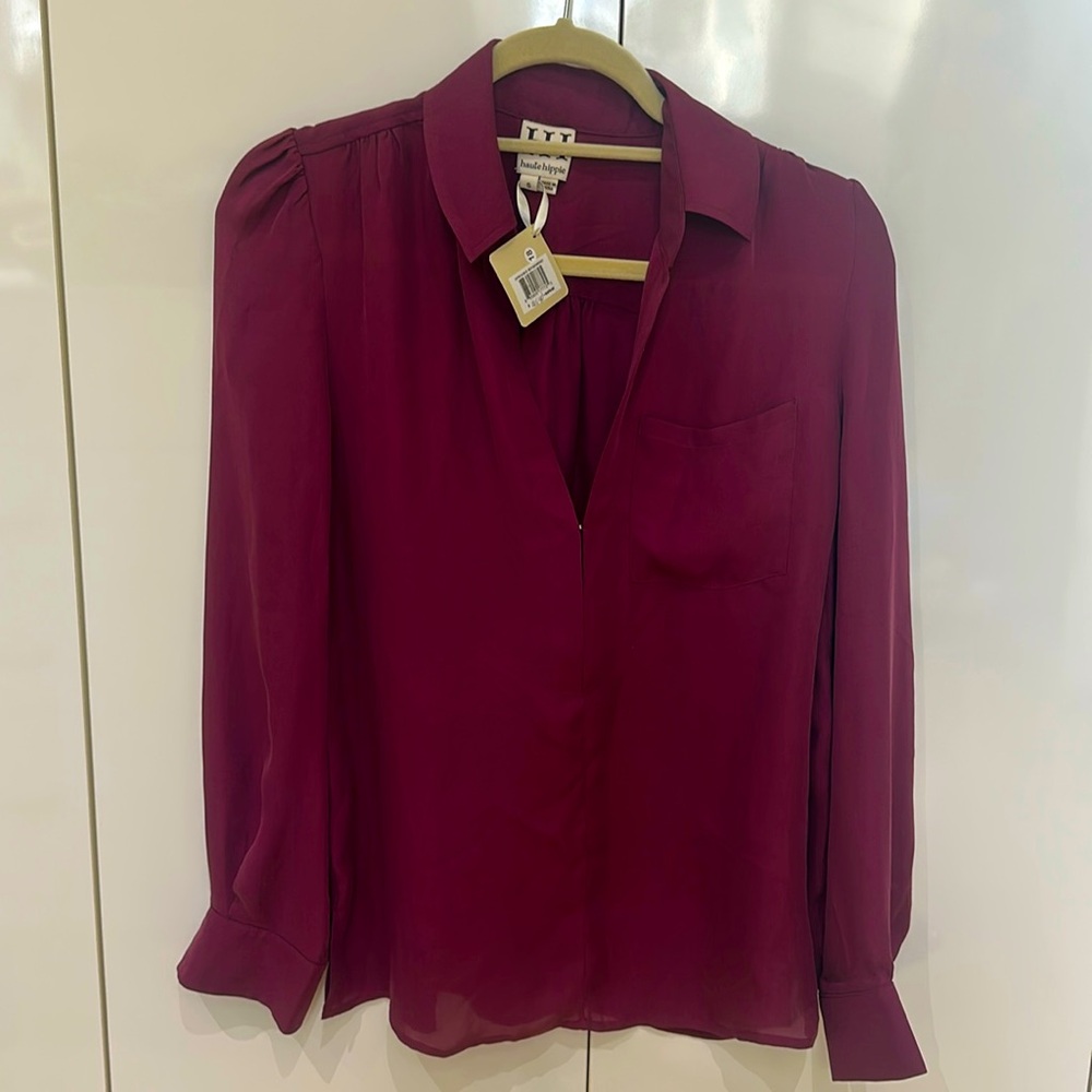HAUTE HIPPIE‎  V-Neck, Collared Silk Georgette Blouse NWT Small